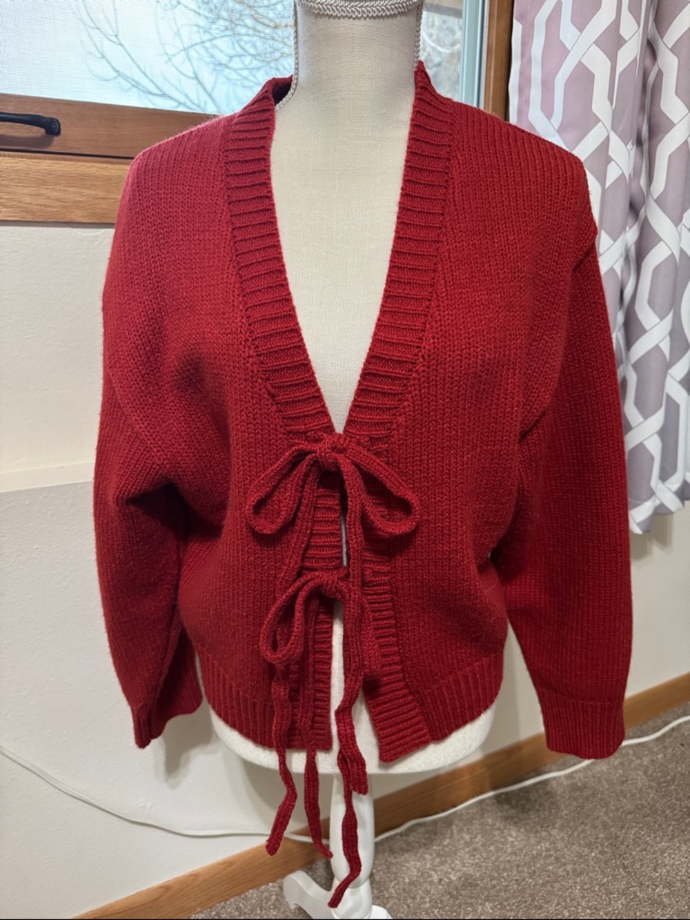 Olivaceous deep red Tie-Front Knit Cardigan